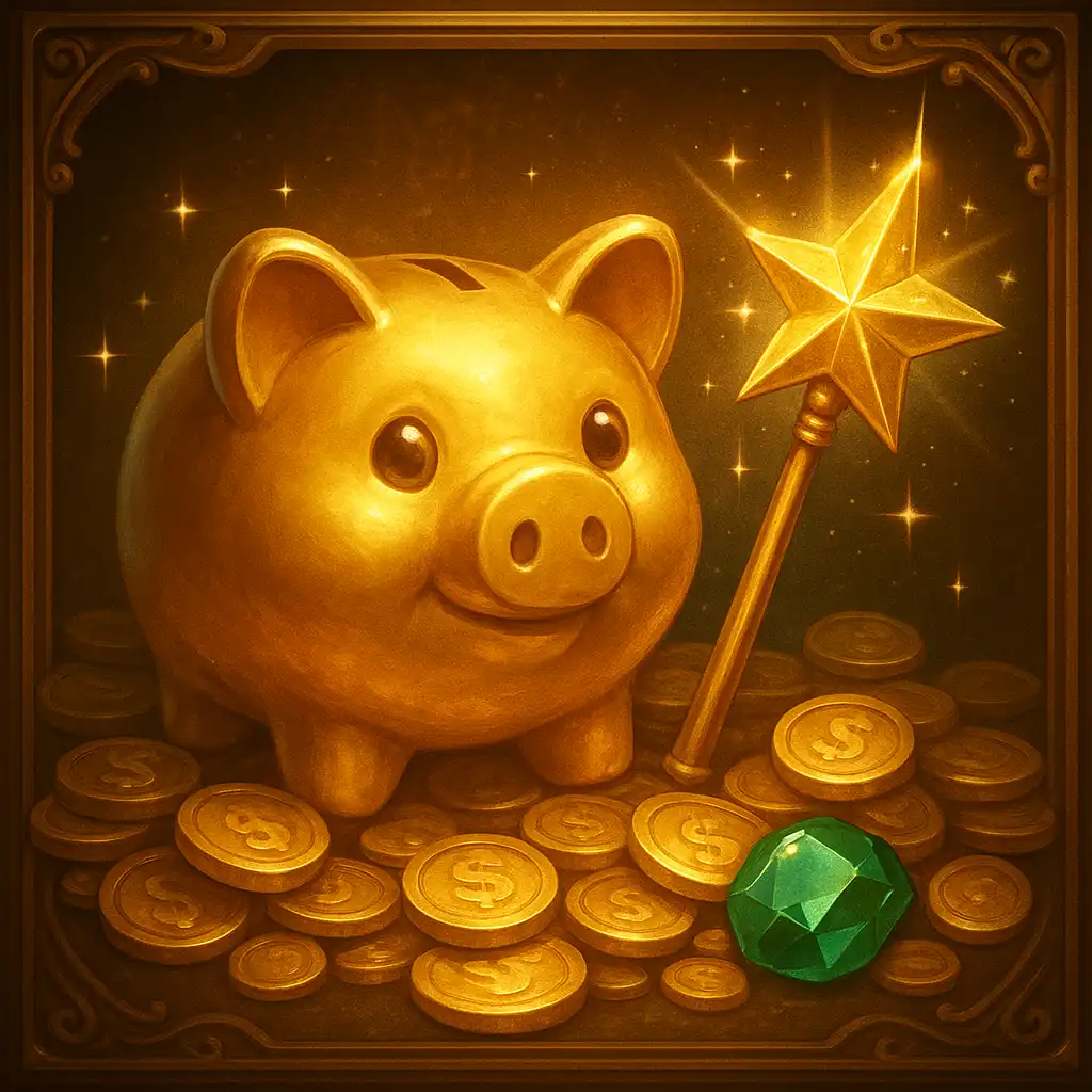 Piggy Prizes Wand of Riches slot artwork with a golden wand
