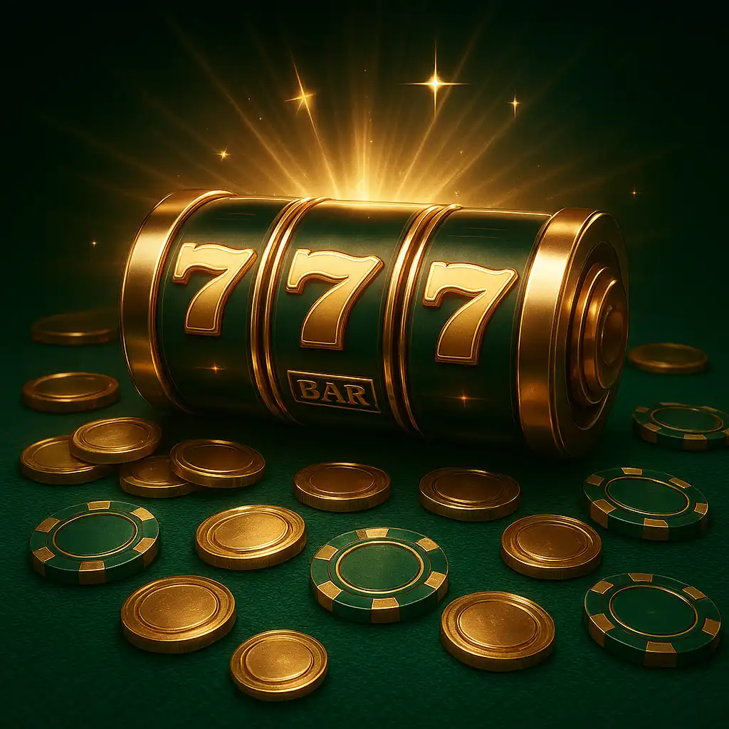 Emerald and gold slot reels glowing on the TweedBet casino table