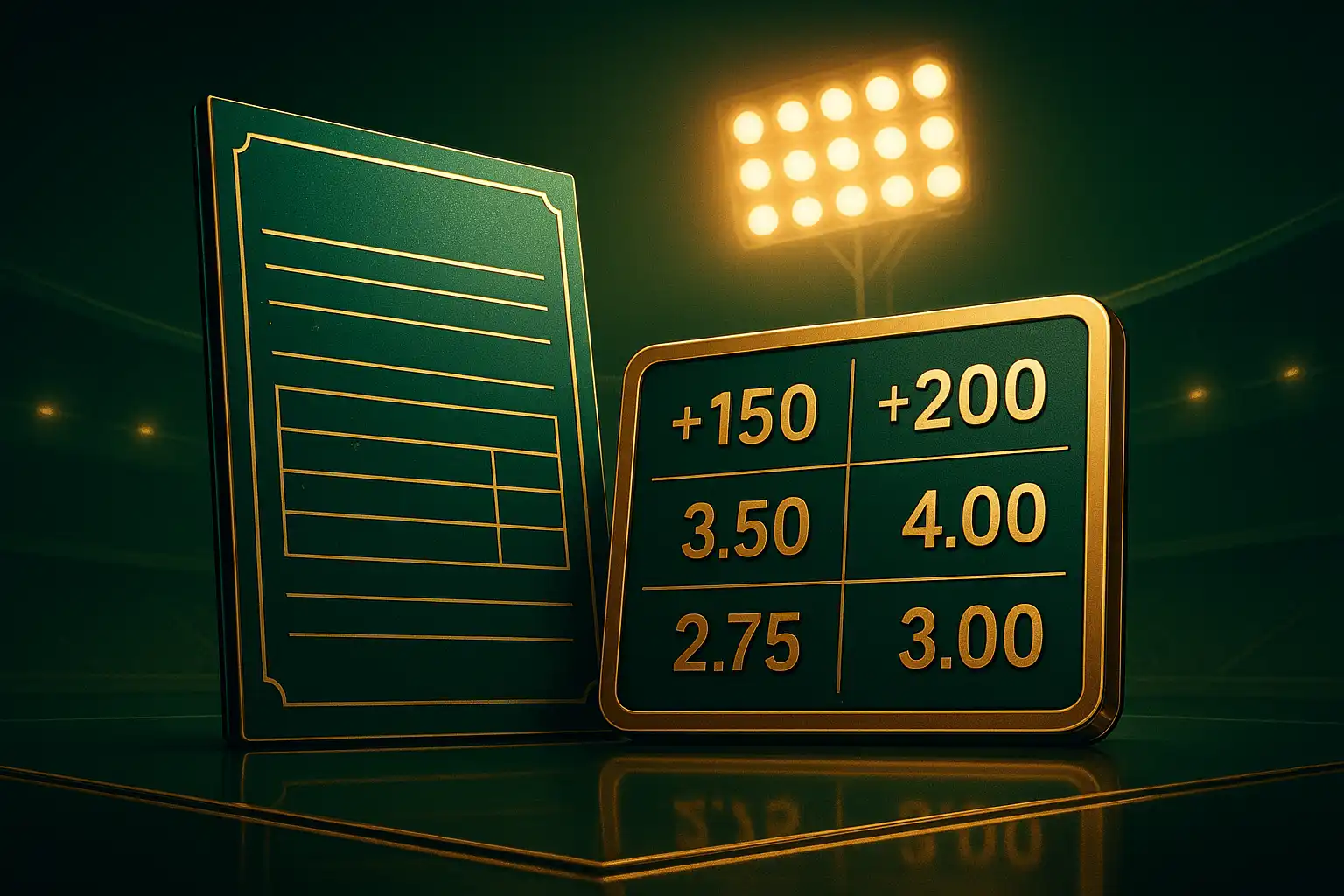 Sportsbook betting slip and stadium lights displayed in emerald and gold TweedBet styling